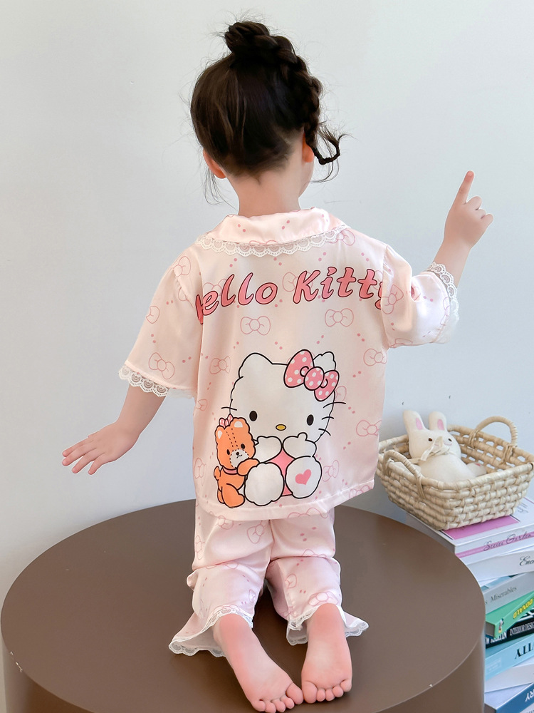 Pijamas para niñas 2025 nuevo estilo de verano para niños, traje de encaje de manga corta de seda de hielo, ropa de casa para bebés lindos de dibujos animados