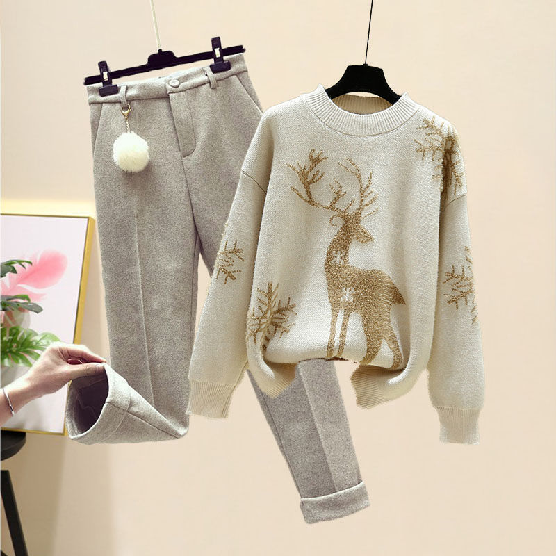 Weihnachts-Rentier-Pullover-Set für Damen, neuer Herbst-Winter-Stil, locker gestrickter Pullover, dicke, gerade geschnittene Freizeithose, 2-teiliges Set_voghion.com