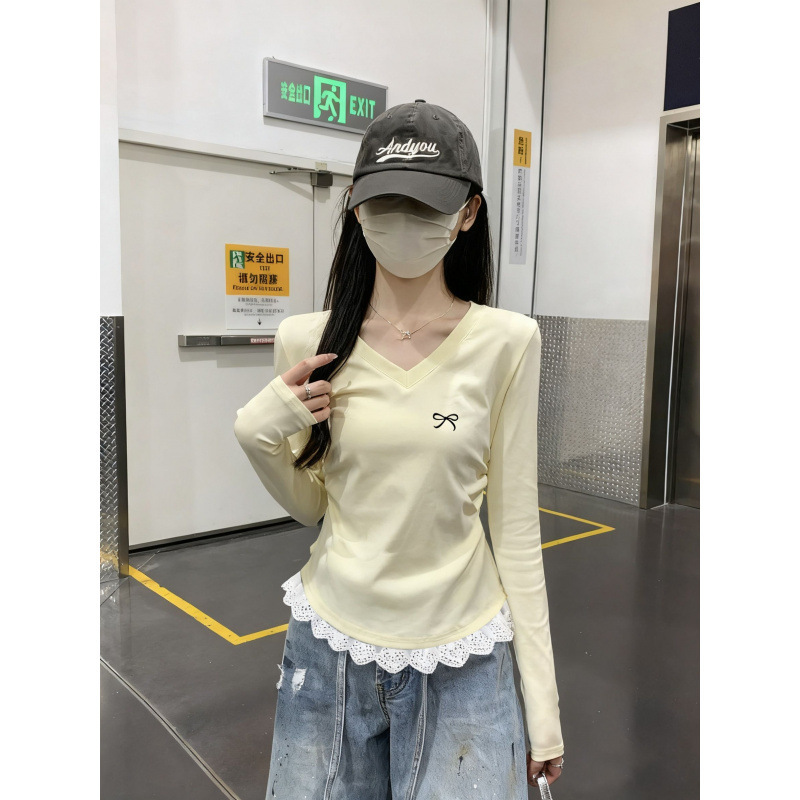 Designed V Neck Right Shoulder 2025 Long-Sleeved T-Shirt for Women Autumn and Winter Lace Splicing Lace Waist Slimming Look Bottoming Shirt Top