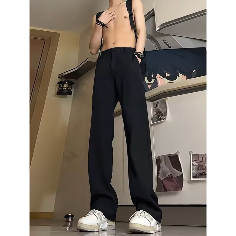 Black Straight Pants Men's Summer High Waist Slim-fit Scimitar Pants Dosing High-end Casual Pants 2024