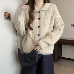 杏色翻领爱心扣子麻花毛衣开衫女秋冬季加厚慵懒风娃娃领针织外套