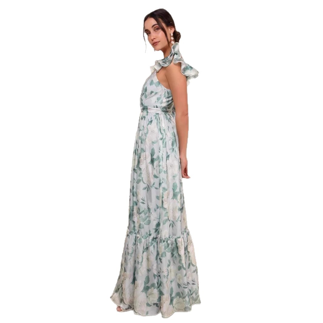 Women's Sexy Printed Deep V Ruffle Backless Top European American Style Summer Fashion Suspender Design_ecoleips.com