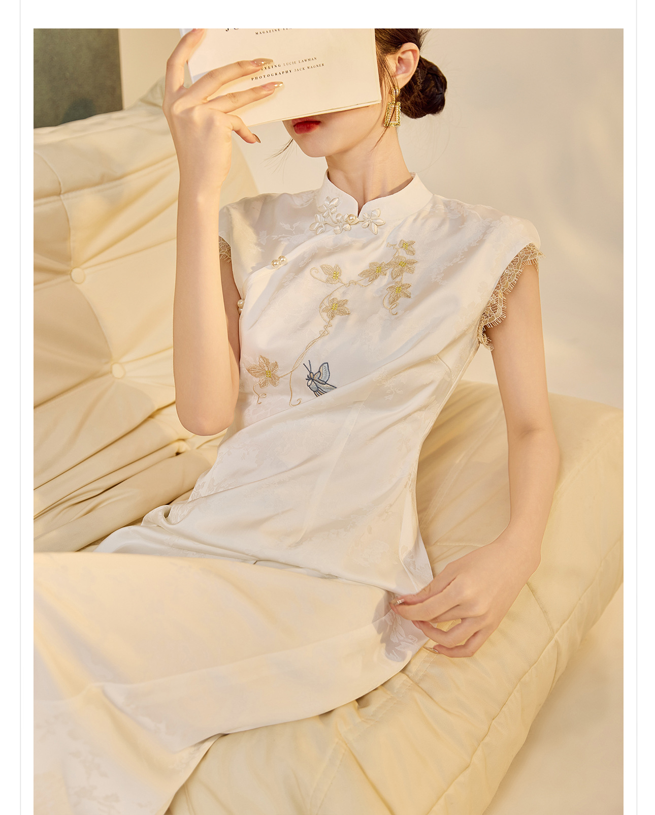 Đầm tay phồng cổ đứng phong cách Trung Hoa mùa hè, sườn xám thêu cải tiến cao cấp — Màu trắng, Màu mơ chi tiết 22
