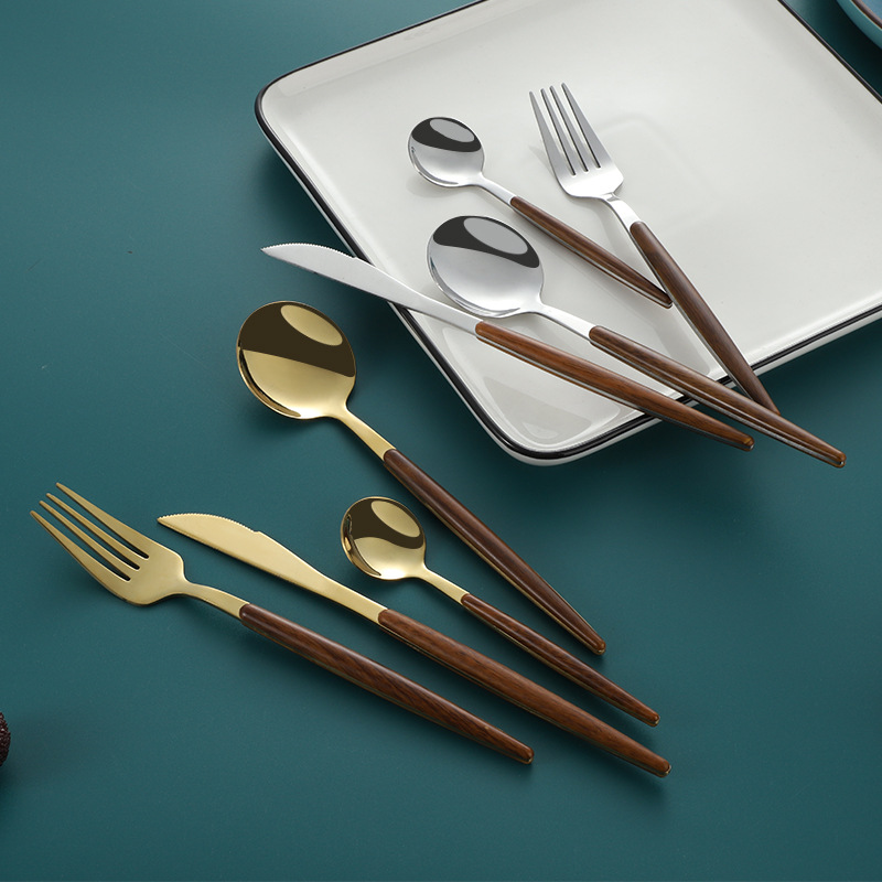 Mango de clip de grano de madera Cuchillo, tenedor y cuchara de acero inoxidable de estilo japonés Traje de vajilla occidental Cuchillo de carne de 16 piezas, tenedor y cuchara Juego de vajilla de 12 piezas