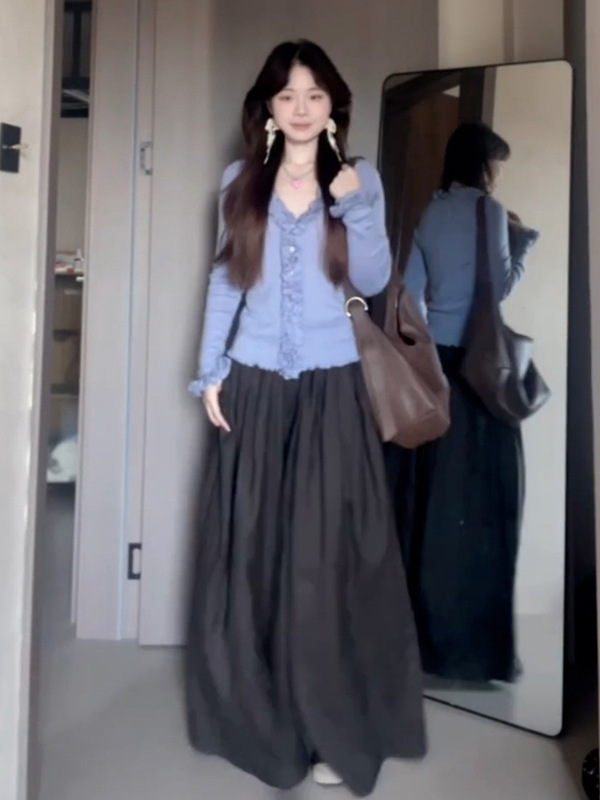 高级感别致领长袖木耳边针织开衫早秋新款独特绝美上衣|undefined