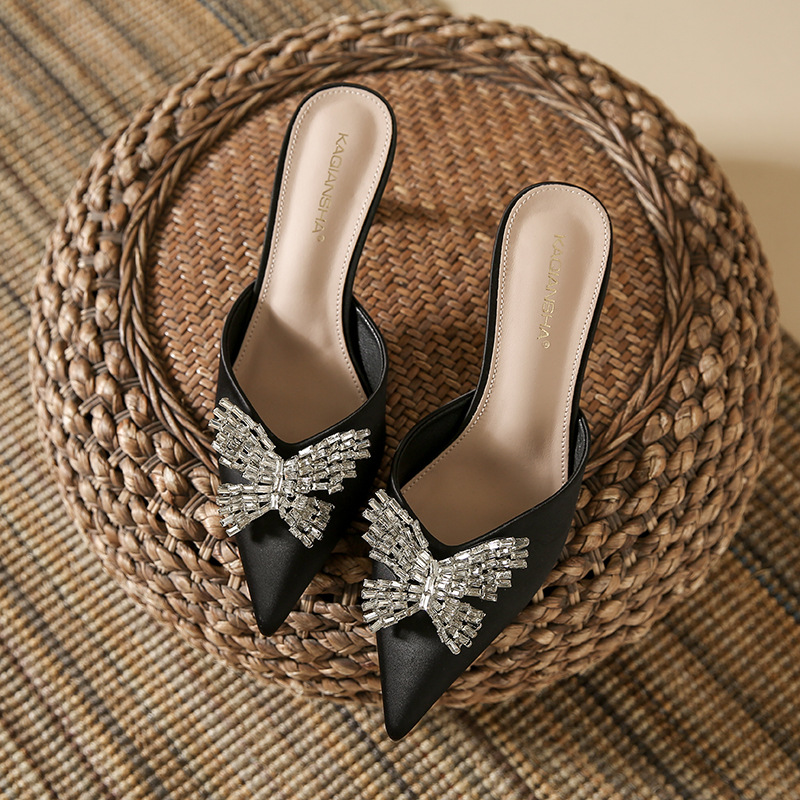 2023 Summer New Pointed Toe Stiletto Sandals Women's Shoes Rhinestone Baotou slippers high-heeled women's sandals and slippers half drag_voghion.com