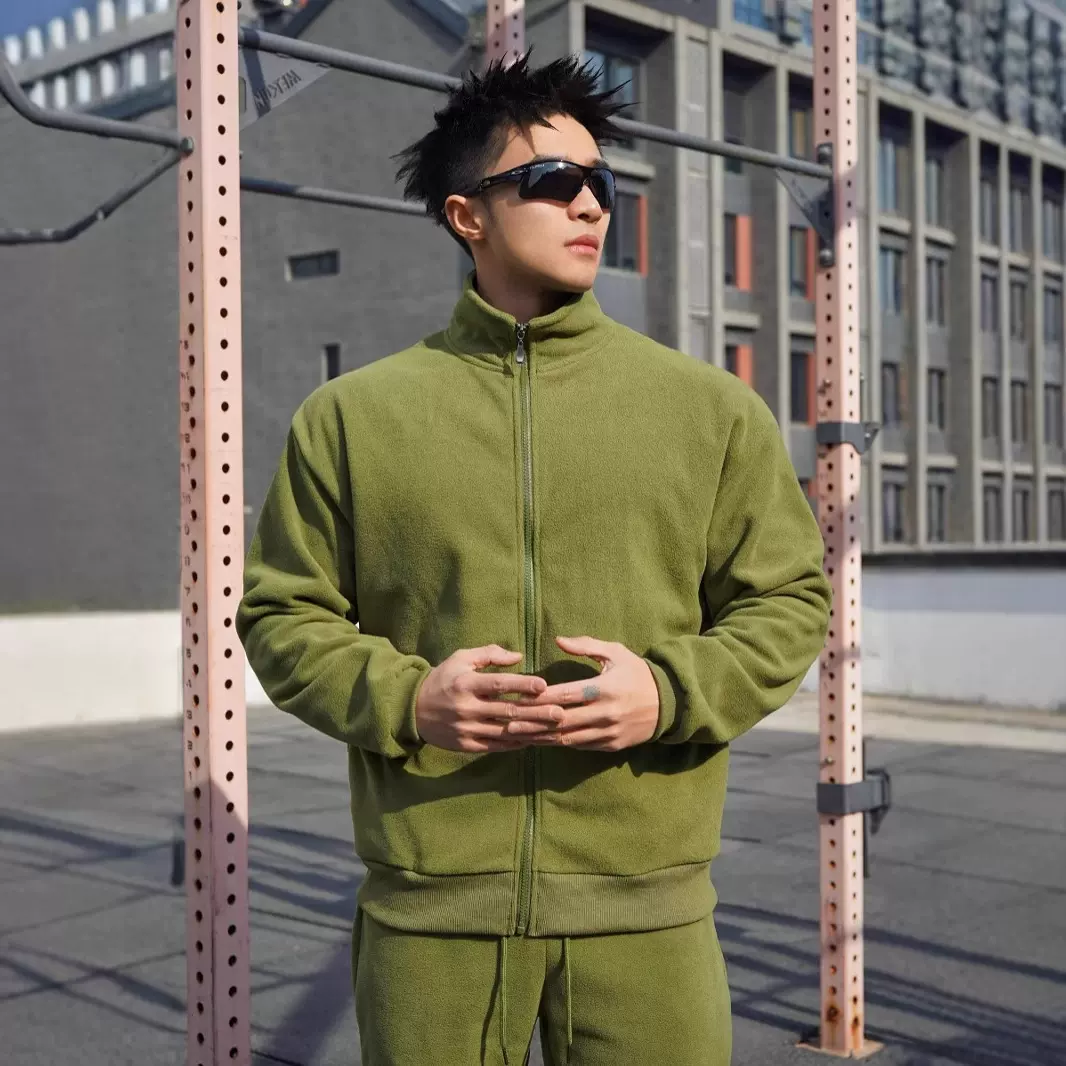 秋冬男士休闲运动街头潮流宽松大码加绒拉链立领卫衣肌肉宽松