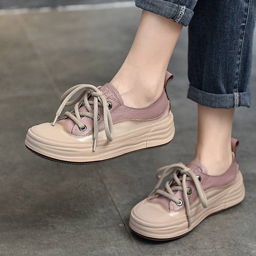 Genuine leather casual shoes for women 2024 spring new round toe lace-up soft sole single toe layer cowhide low-top sneakers for women