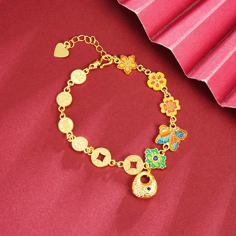 Palacio viento vietnamita pulsera de oro de arena retro paz alegría mariposa moneda de bronce goteo pulsera de aceite para mujeres no decolor joyas