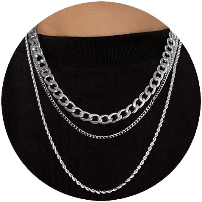 Stainless Steel Cuban Chain Necklace For Men Silver Double Layer_voghion.com