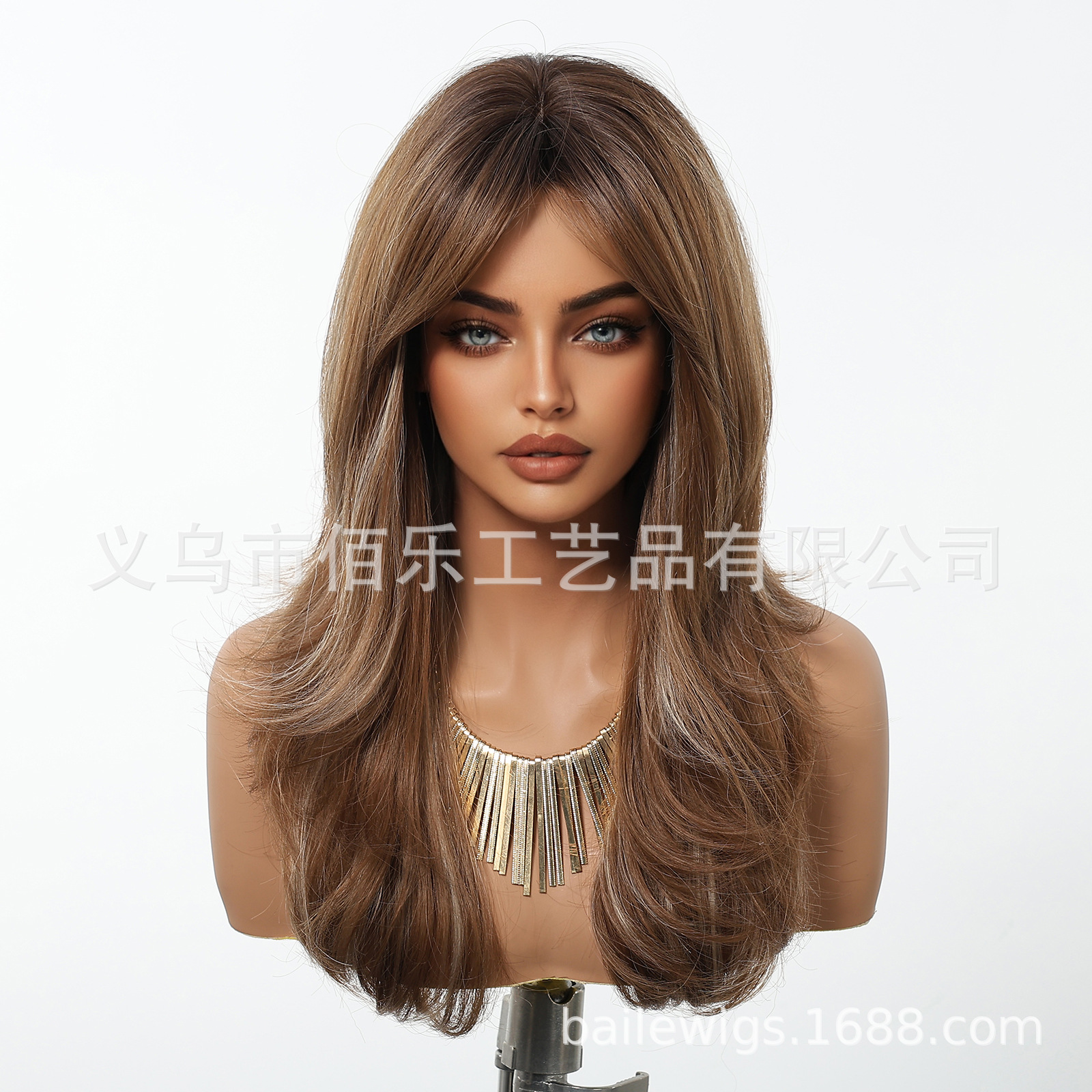Peluca europea y americana, color marrón, flequillo de ocho caracteres, cabello largo y rizado, cubierta de cabeza completa, fibra química, hair femenino, spot transfronterizo al por mayor image 3