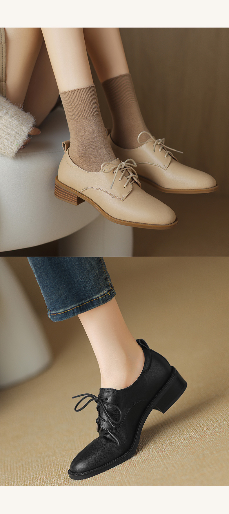 Giày da bò nữ mũi tròn buộc dây đế bằng phong cách retro xuân thu — đen chi tiết 9