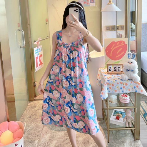 Cotton silk nightgown for women in summer new suspender small floral pajamas summer artificial cotton girl cute silk home clothes