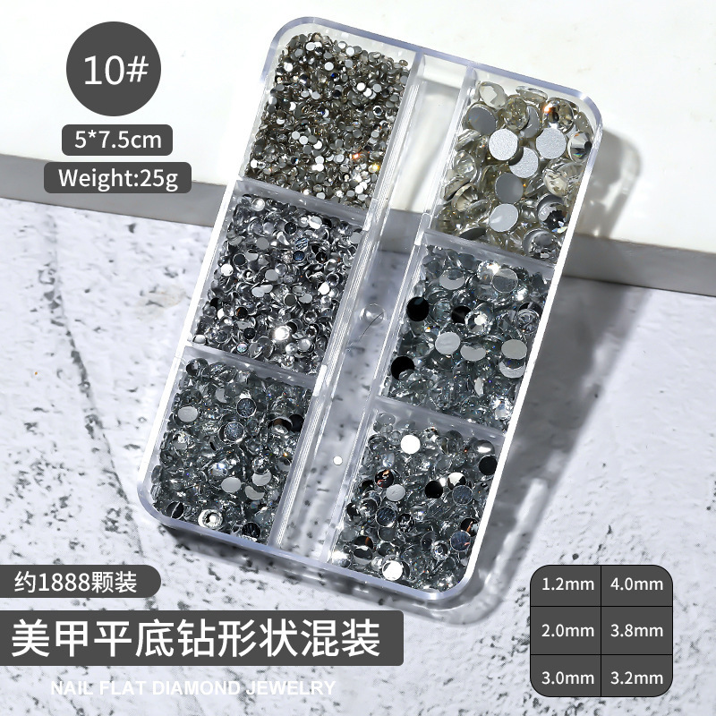 Cross-border Especial 6-grid Caja Mixta joyería de uñas transparente cuadrado plano espejo de diamante en forma especial Aurora uñas Rhinestone