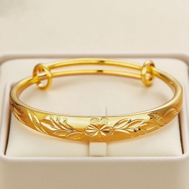 Luxurious Flower Blooming Vietnamese Gold-Plated Jewelry European Coin Copper Gold-Plated Thick Smooth Dragon and Phoenix Plum Blossom Push-Pull Bracelet for Women