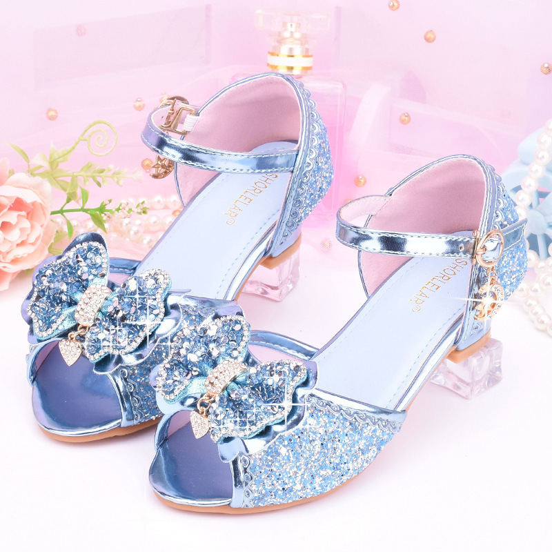 Girls High Heels Blue Children's Sandals Frozen Princess Shoes 3 4 5 6 7 8 9 Years Old Girls Sandals