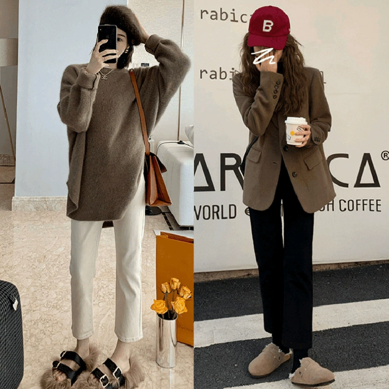 2024 Осень беременные прямые джинсы носить длинные брюки Тонкие дымовые брюки повседневные брюки осень-зима