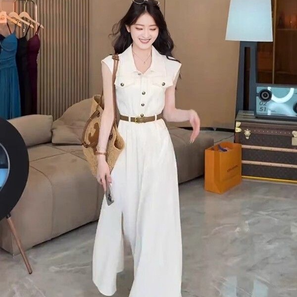 French-Style Lapel Sleeveless Shirt Denim Dress for Women, New Summer Style with a Stylish Design and Slit, Over-The-Knee Long Skirt French-Style Lapel Sleeveless Shirt Denim Dress for Women, New Summer Style with a Stylish Design and Slit, Over-The-Knee Long Skirt