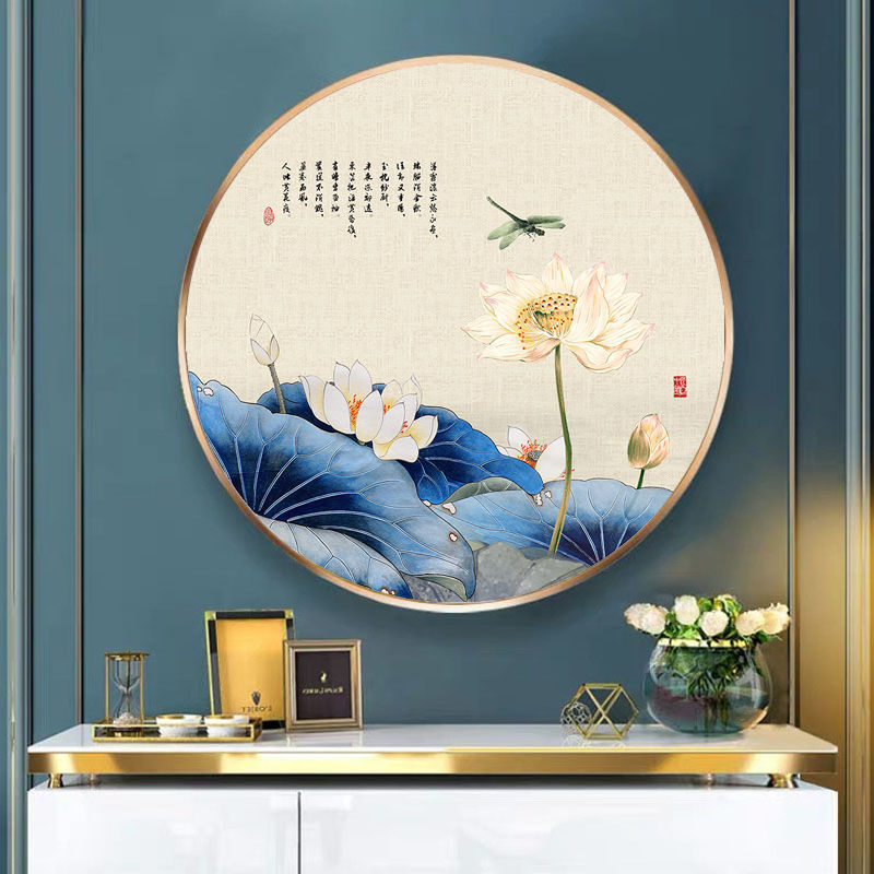 The door register and obtain a residence permit Entrance Cross stitch New Chinese style Lotus Dragonfly circular Hanging picture Restaurant Background wall own Spiraea