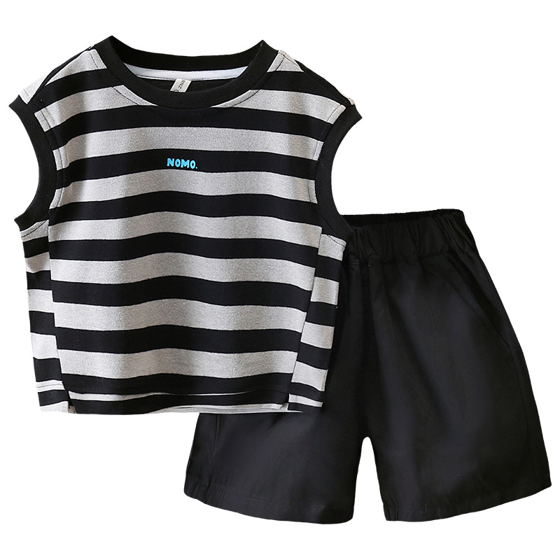 7389 Traje de verano para niños 2025 Nuevo chaleco a rayas sin mangas para niños Verano delgado Versión coreana de dos piezas Verano