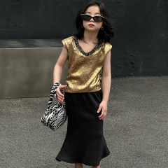 童裝無袖上衣2024夏季新款女童金色小香風上衣洋氣小眾設計兒童潮