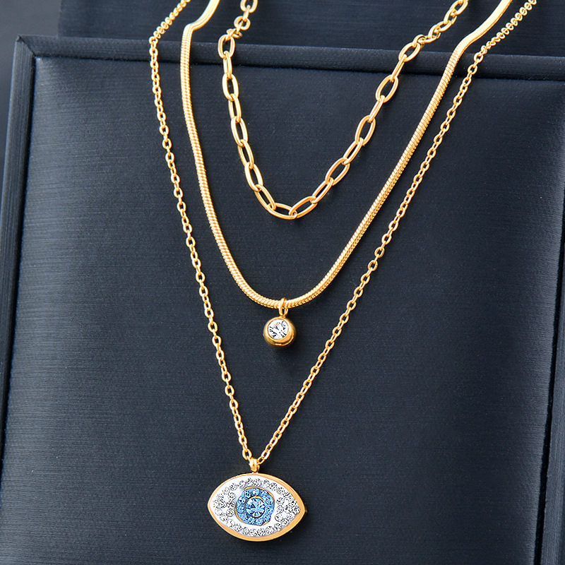 Fashion Devilu0027S Eye Flower Titanium Steel Inlay Inlaid Gold Artificial Gemstones Layered Necklac