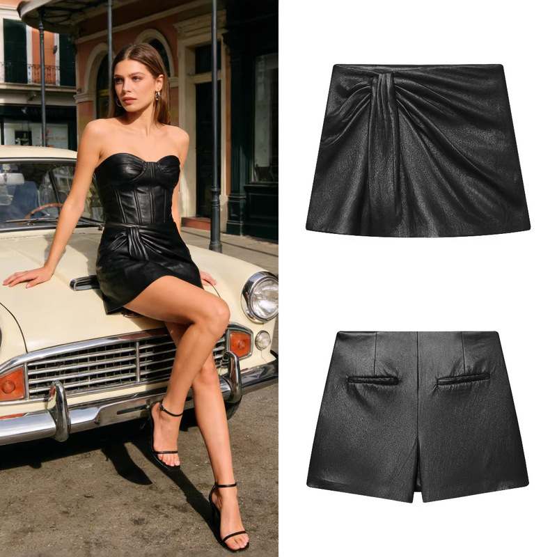 Za Foreign Trade Cross-Border Wholesale European and American Style Women's Summer Fashion Faux Leather Pleated Skirt Shorts