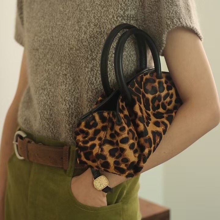 COS Folding Pleated Bag Korean-style Niche Vintage Leopard Print Leather Handbag Commuter All-match Underarm Crossbody Women's Bag
