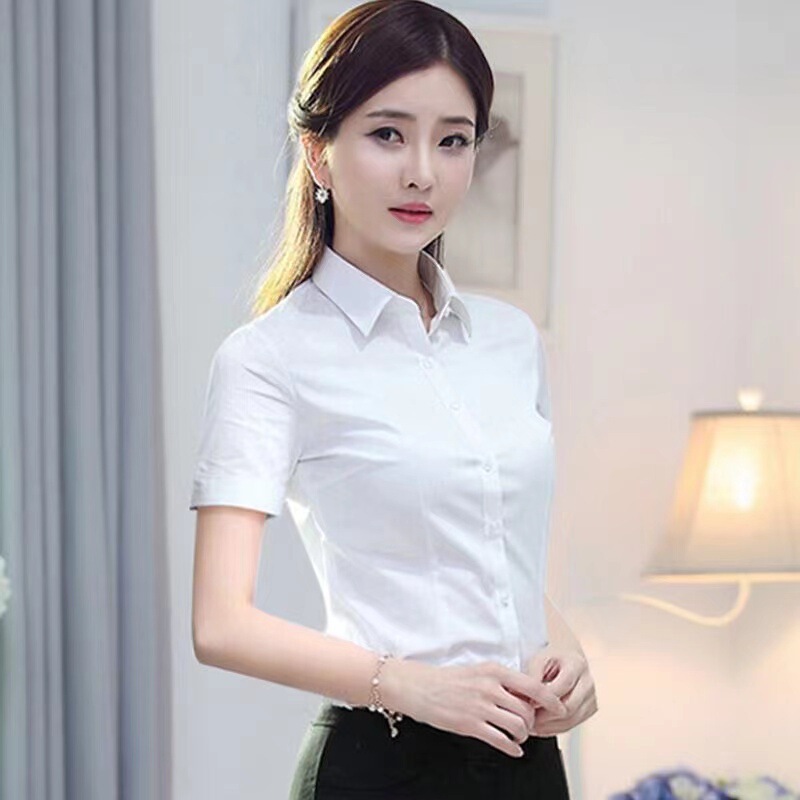 White Shirt Women's Slim-fit Short-sleeved Business Wear Work Clothes Dress Spring and Summer White Black Shirt Women's Korean Style Top