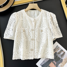 柜面410+2023夏季法式重工白色蕾丝衬衫缕空钩花设计感短款女上衣