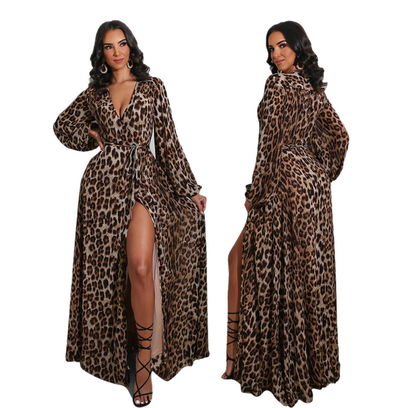 H188 European and American Cross-Border Supply Sexy Casual Leopard Print V Neck Women's Long Dress Nightclub Dress