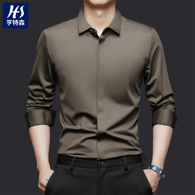Dark access control with wool seamless long sleeve shirt men's 2025 spring new middle-aged business casual dad shirt men