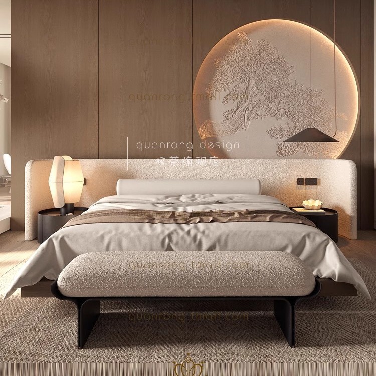 Cream Style Cashmere Bed Curved Arc Comfortable Skin-Friendly Bed Modern Simple Bedroom Large Bed Double Bed Fabric Bed Cream Style Cashmere Bed Curved Arc Comfortable Skin-Friendly Bed Modern Simple Bedroom Large Bed Double Bed Fabric Bed