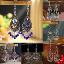 红色长款复古风合金水滴流苏耳环女中国风创意欧美镶钻气质耳饰品