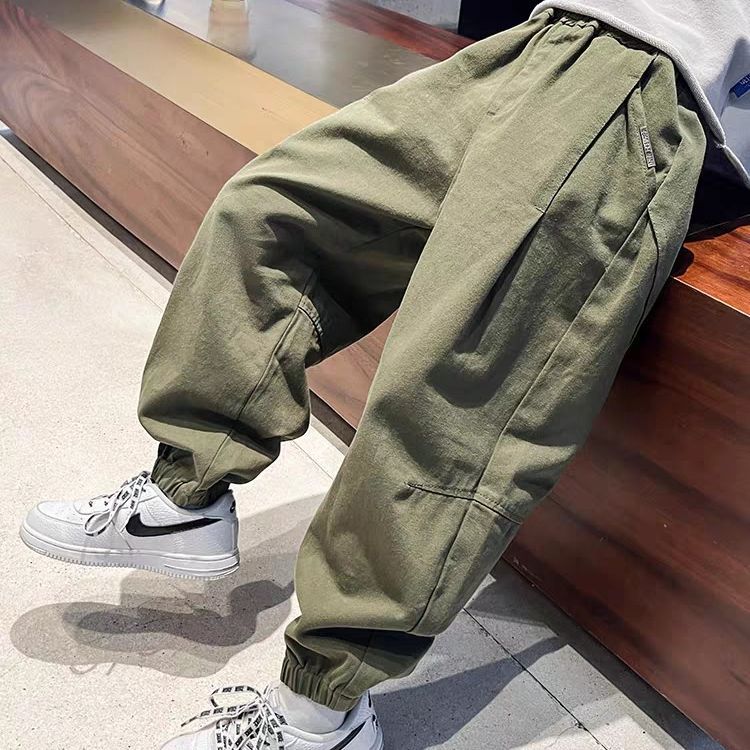 Boys' trousers, spring and autumn style, 2025 new style, trendy children's sports long pants, big boys' autumn work pants with drawstring cuffs.