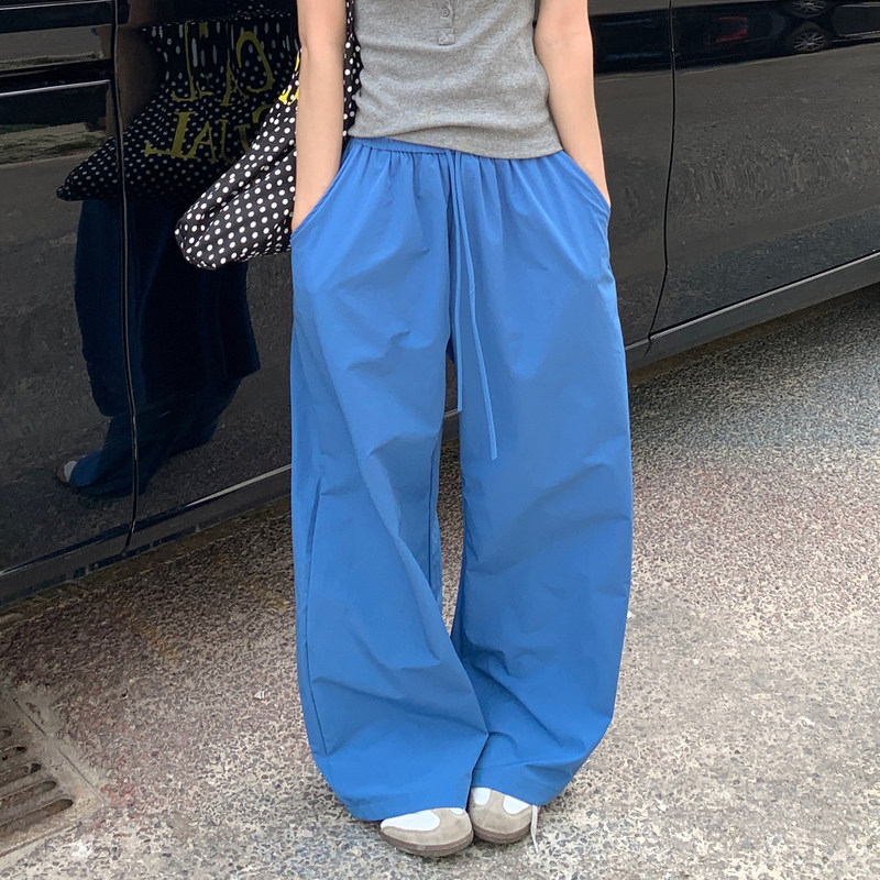 Original design: Women's blue pants, breathable casual pants, summer thin style, straight wide-leg, loose, casual style, curved cut pants