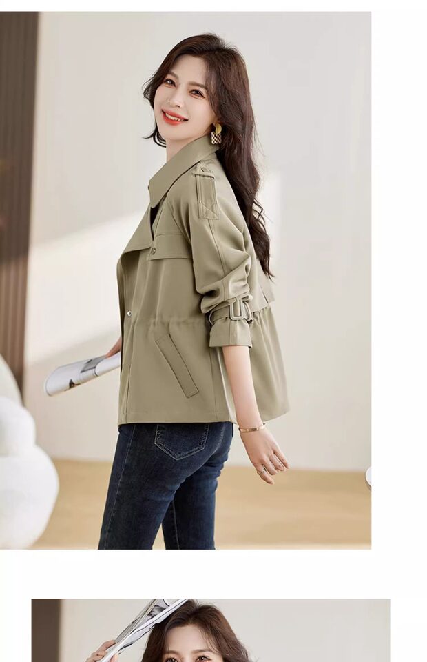 Áo khoác gió kaki nữ dáng ngắn có dây rút, dài tay, cổ lật — Khaki (có sẵn), Đen (Còn hàng) chi tiết 28