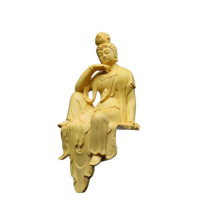 自在观音菩萨摆件黄杨木雕刻居家客厅禅意观世音木质立体感工艺品|undefined