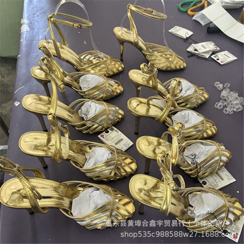 2025za新品夏季金色法式编织镂空鞋女高跟露趾鱼嘴凉鞋带子凉鞋女|undefined