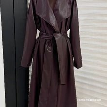 2025年秋季新款法式气质大翻领中长款皮衣外套女收腰过膝风衣大衣