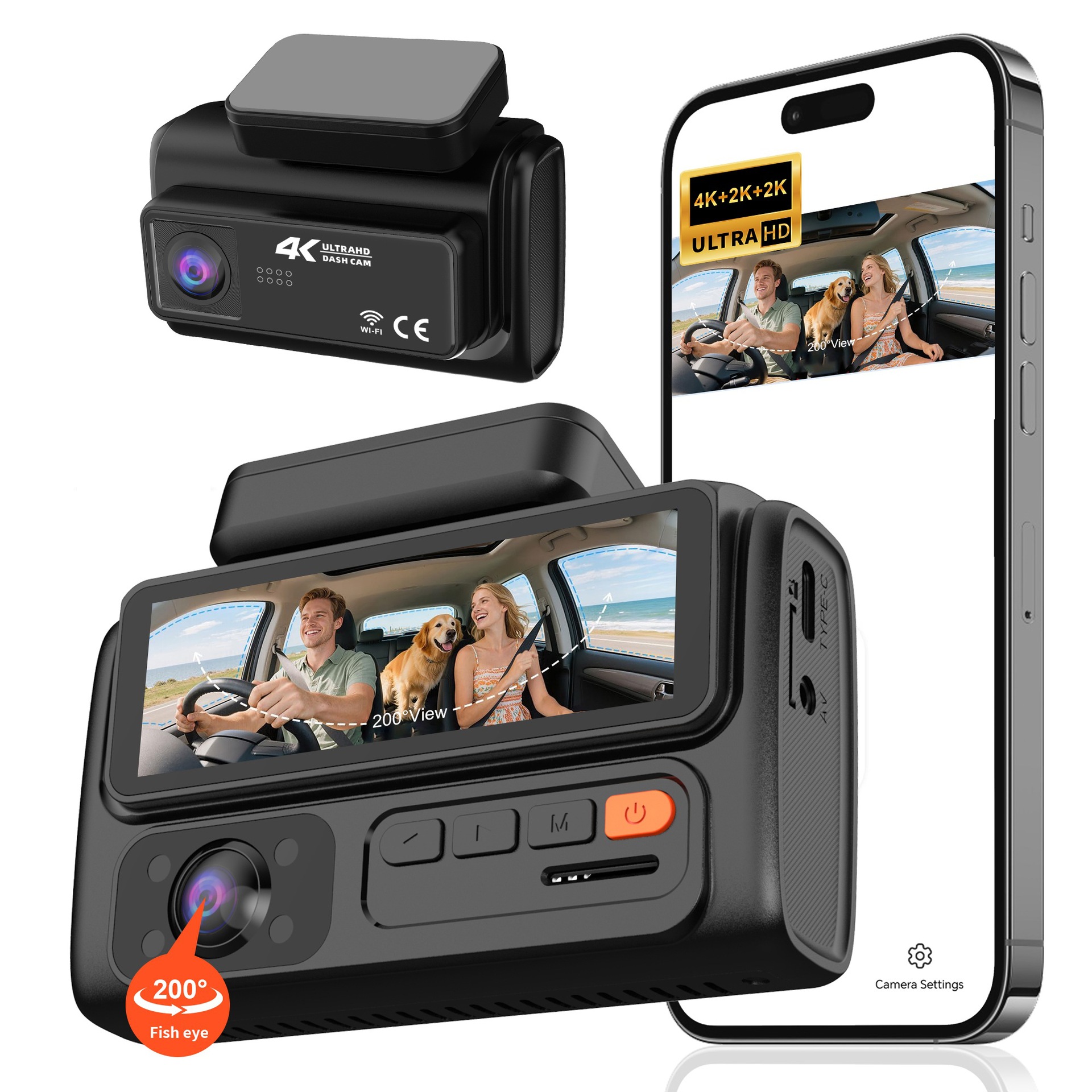 Night Vision Three-Lens 4K Wifi Connected Parking Monitoring Reversing Image Dash Cam 24-Hour Parking Monitoring