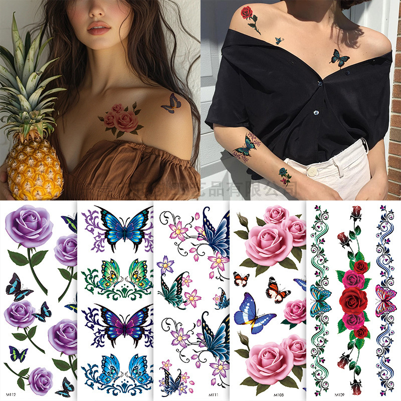 Fashion Flower Butterfly Black White Color 3D Waterproof Tattoo Sticker Wholesale Scar Water Transfer Tattoo