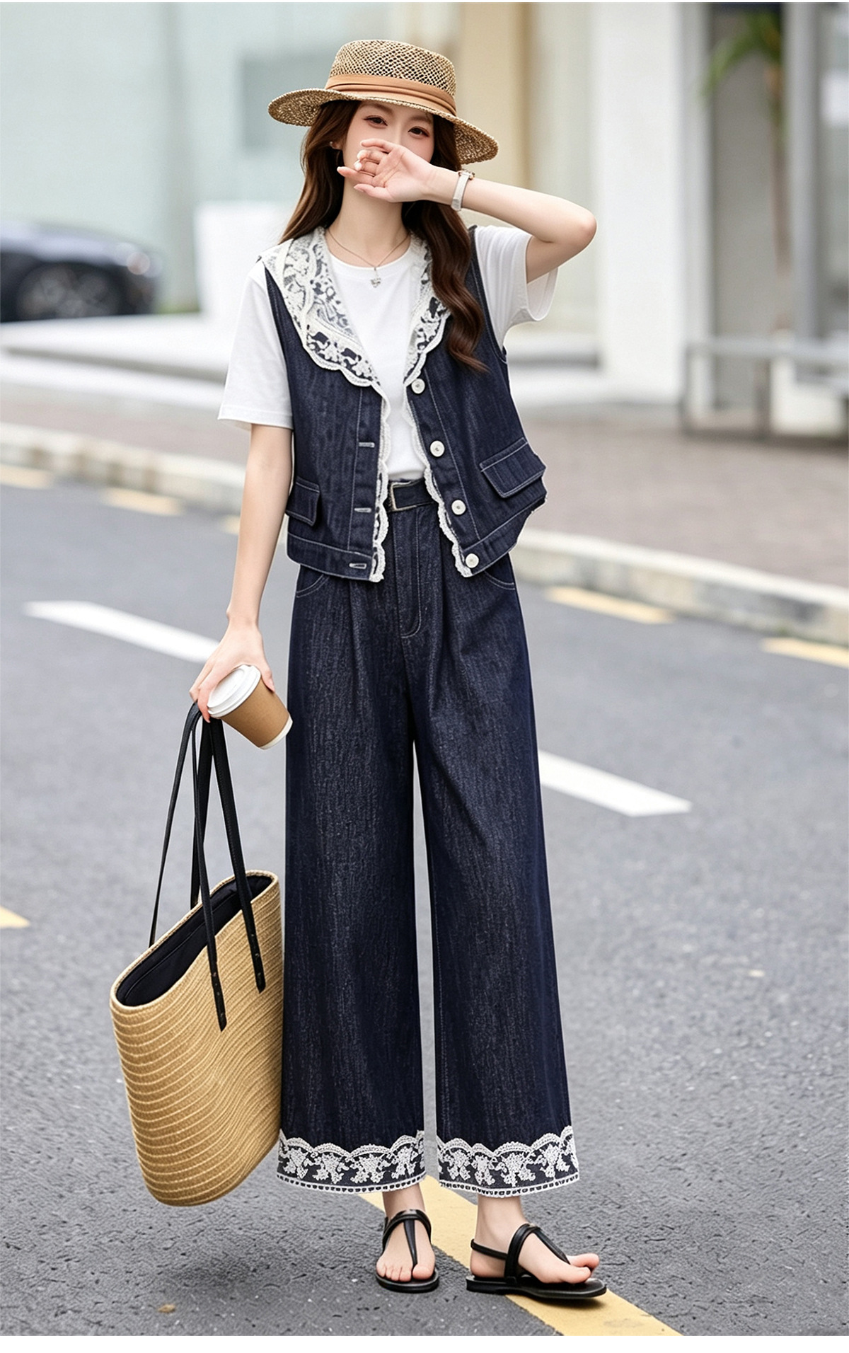Bộ ba mảnh denim mùa hè 2026: áo khoác không tay mũ liền ren + áo thun + quần ống suông — Màu ảnh chi tiết 11