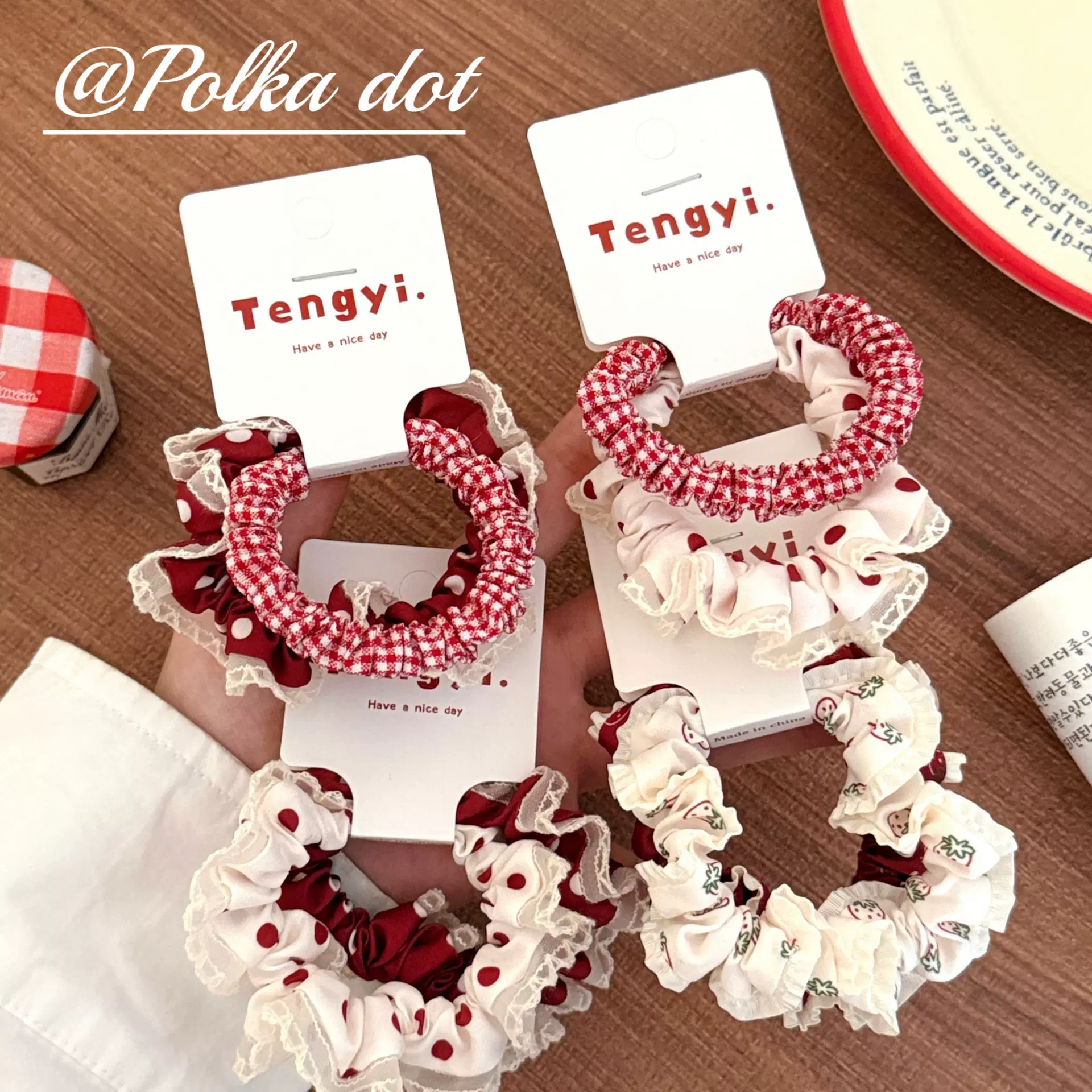 新款韩系格纹花边发绳套装少女心甜美波点发圈简约百搭不伤发发饰