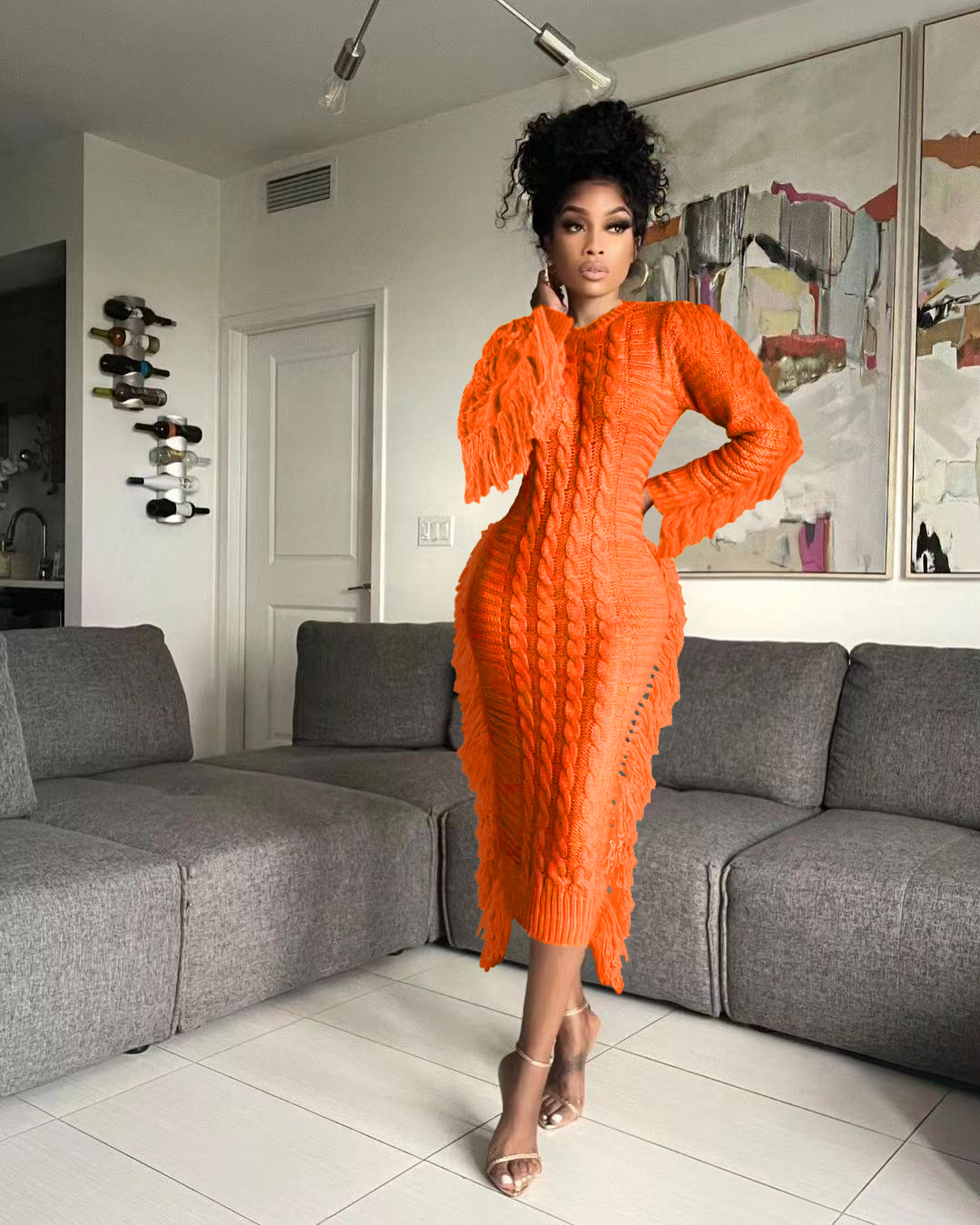 Robe pull femme avec franges longues en maille pour l'hiver_voghion.com