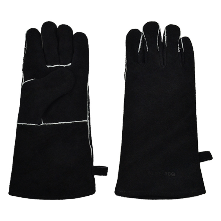 电焊手套隔热耐磨真皮牛皮二层皮内里衬焊工烧烤烤炉烤箱黑色BBQ|ms