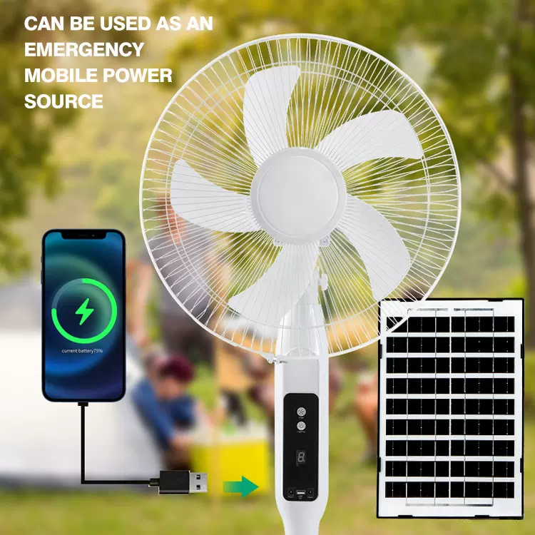 现货定制跨境16寸太阳能风扇遥控充电落地风扇长续航带灯充电立扇