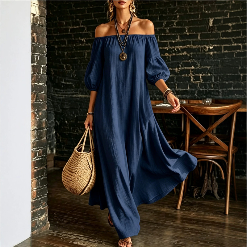 2026 Summer Off-Shoulder Bubble Sleeve Dress for Women, Elegant Socialite Style, Solid Color Long Dress, Beach Vacation Dress 2026 Summer Off-Shoulder Bubble Sleeve Dress for Women, Elegant Socialite Style, Solid Color Long Dress, Beach Vacation Dress