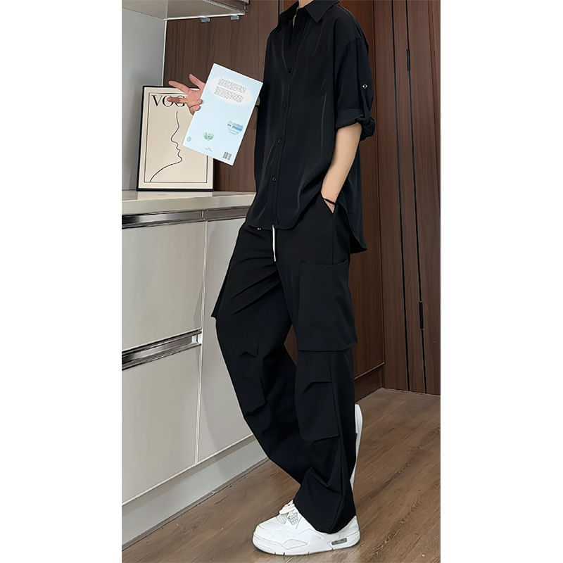 suit Black Ice Silk Shirt Casual Pants Two-Piece Men's Trendy plus size Solid Color Top Pants White Shirt Crock Pants