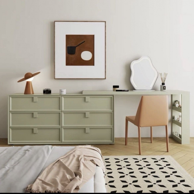 床尾六斗柜梳妆台一体奶油风实木化妆桌卧室现代简约收纳柜转角台